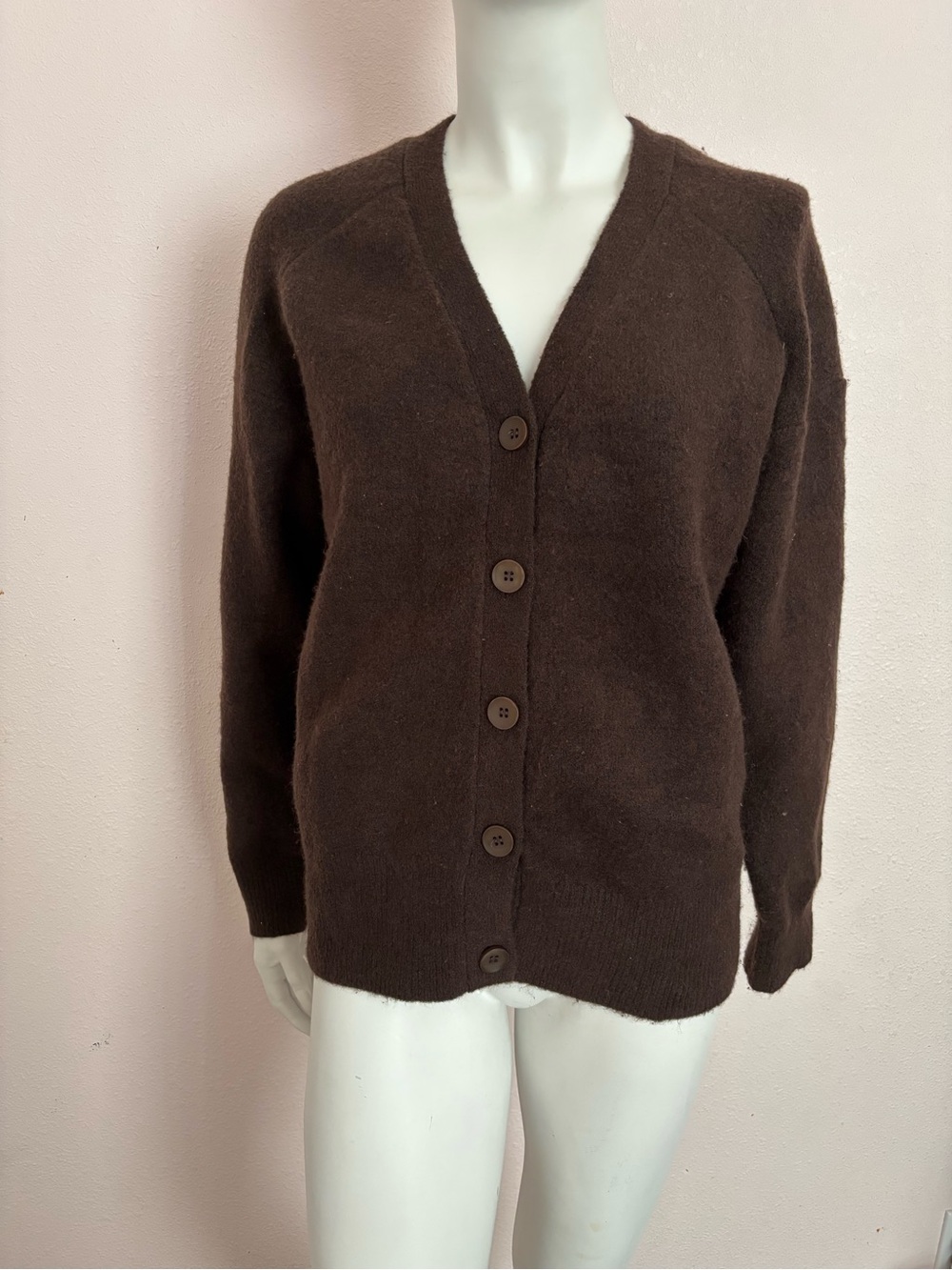 ZARA Chocolate Brown Wool Blend Oversized V-Neck Cardigan Sweater Size S Fits M - Picture 2 of 8